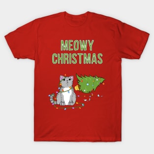 Meowy Christmas Gray Tabby Cat Knocked Over Xmas Tree T-Shirt